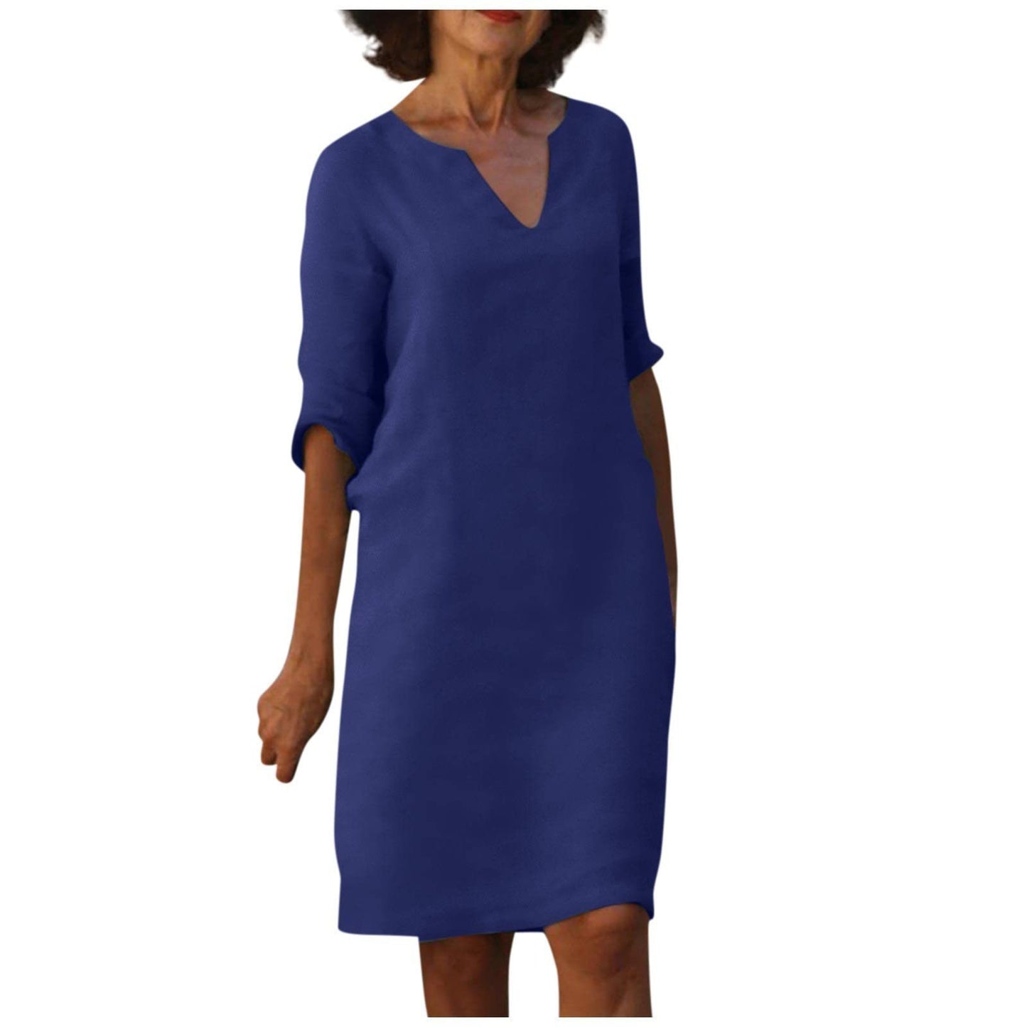 Cotton And Linen V-neck Dress Summer Stitching Retro High Waist Pure Color Dresses Women's Garments Apparel / Clothing