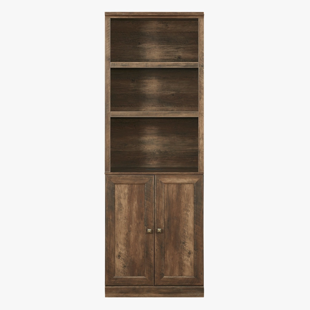 1 Doors Bookshelf With USB Port And 3 Open Shelves Bookcase Side Cabinet Storage Shelves, Rustic Brown Furniture