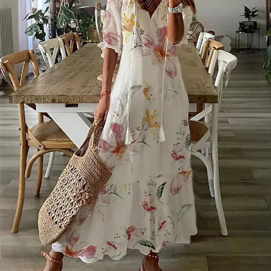 Women's Printed Medium Sleeve Long Dress Women's Garments Apparel / Clothing