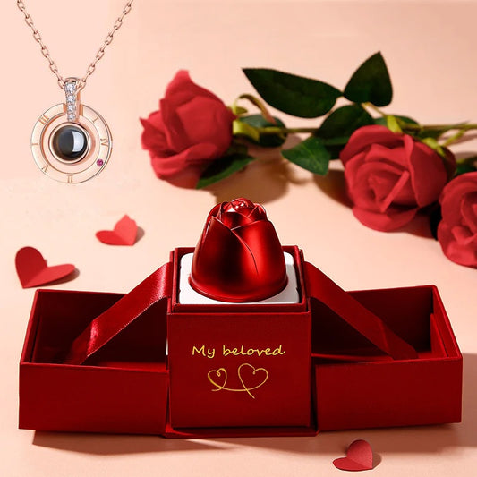 Hot Gift for Birthday, Mother's Day, Christmas & Valentine's Day – Elegant Metal Rose Jewelry Gift Box Necklace for Wedding, Girlfriend & Loved Ones