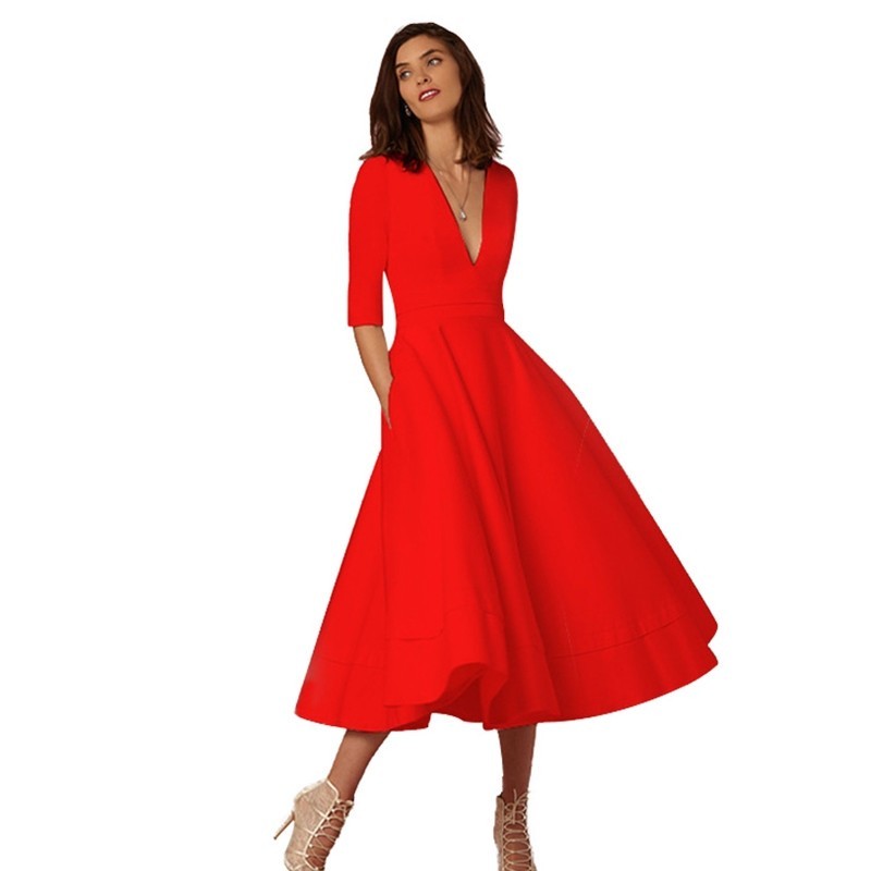 V-neck Dresses - Retro 60s Swing Sleeve Women's Garments Apparel / Clothing