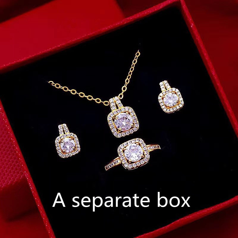 Fashion Jewelry Set Zircon Gem Pendant Chain Choker Necklace For Women Gold Color Stud Earring Statement Wedding Ring Jewelry / Accessories