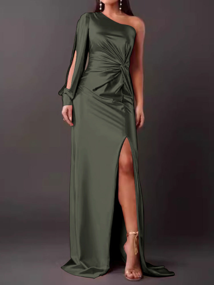 Women's Diagonal Shoulder Knot Split Solid Color Slim Fit Dress Women's Garments Apparel / Clothing