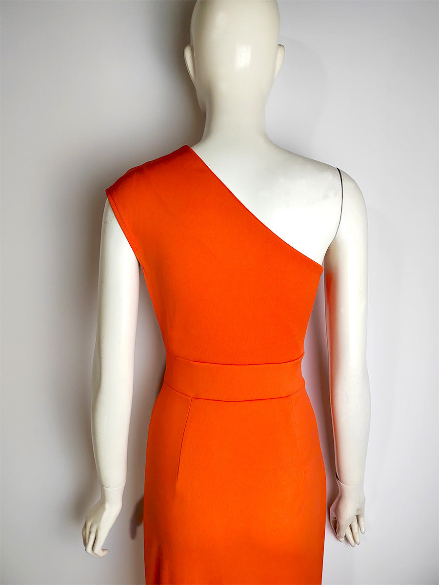 Women's One-shoulder High Waist Front Slit Temperament Dress Women's Garments Apparel / Clothing