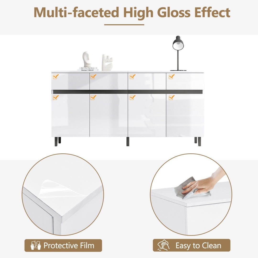 Storage Cabinet, Sideboard Buffet With 4 Drawers 4 Doors , Highboard Cabinet With Adjustable Shelves, Chest Of Drawers, Standing Cabinet, Cupboard Buffet For Living Room, Kitchen, 160X40X68cm, White Furniture