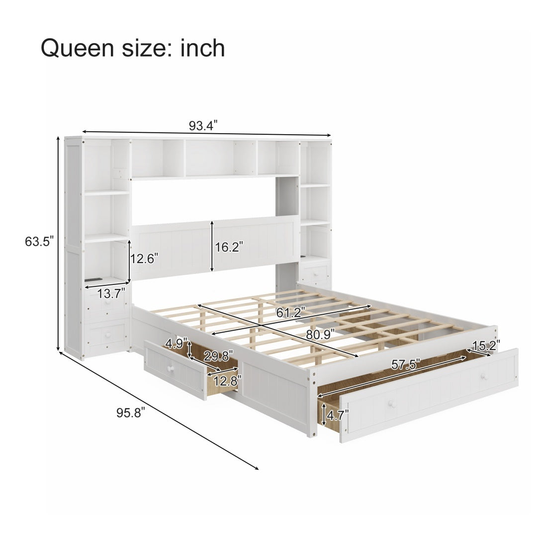 Queen Size Pine Wood Platform Bed With All-In-One 2 Nightstand, Storage Shelf And Cabinet Bookcase With 2 Charging Stations, Multi-Functional Captain Bed Frame With 3 Drawers, No Box Spring Needed Furniture