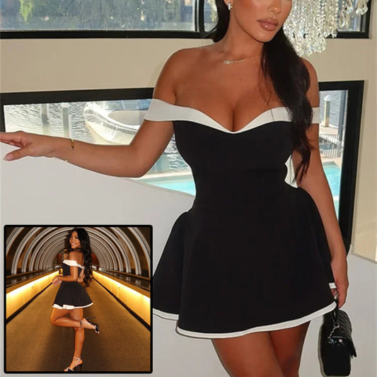 Women's Black And White Patchwork Summer Dress Y2K Trend Slash Neck Backless Sweet Girl Chic Ruched Mini Bodycon Streetwear Women's Garments Apparel / Clothing