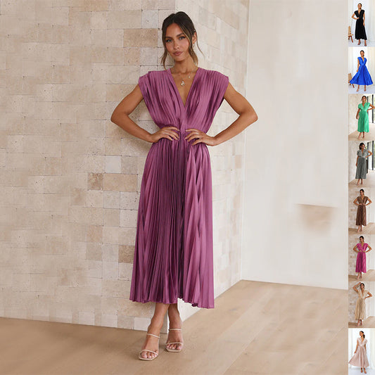 Summer V-neck Pleated Dress INS Fashion Casual Loose Zip Sleeveless Dresses For Women's Garments Apparel / Clothing