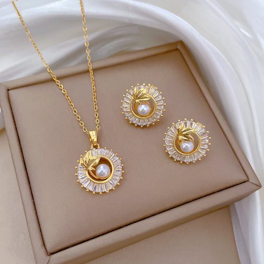 Fashion Jewelry Square Full Diamond Personalized Round Ring Leaves Necklace And Earrings Suite Jewelry / Accessories