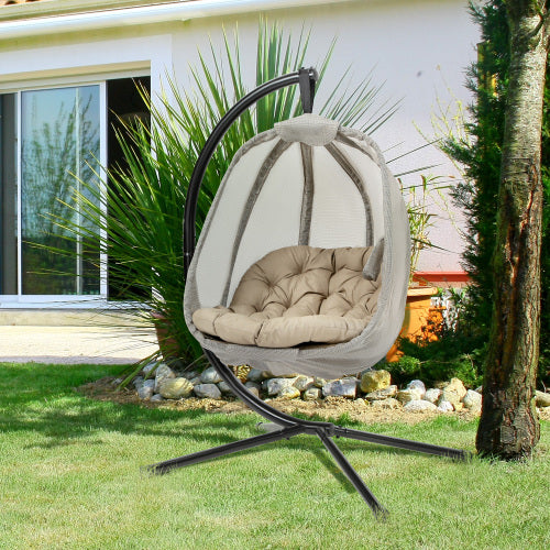 Khaki Outsunny Hanging Egg Chair with Stand, Folding Texteline Swing Hammock with Cushion & Side Pocket, Indoor/Outdoor Garden Patio Furniture