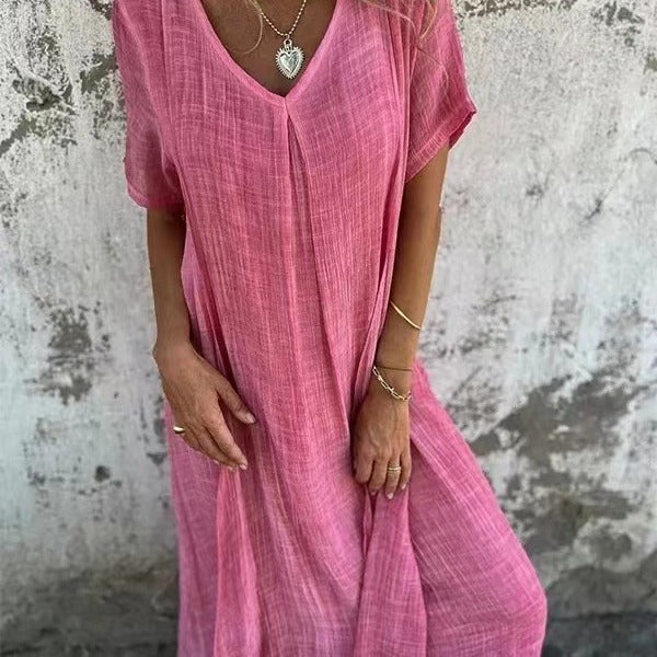 Women's Fashion Temperament Cotton Linen V-neck Semi-formal Dress Women's Garments Apparel / Clothing