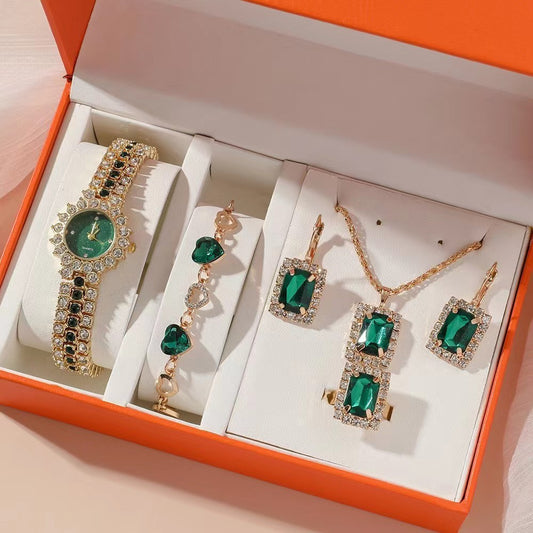 Popular Small Green Watch Women's Steel Belt Quartz Watch Ring Gift Set Boxed Five-piece Set Jewelry/Accessories