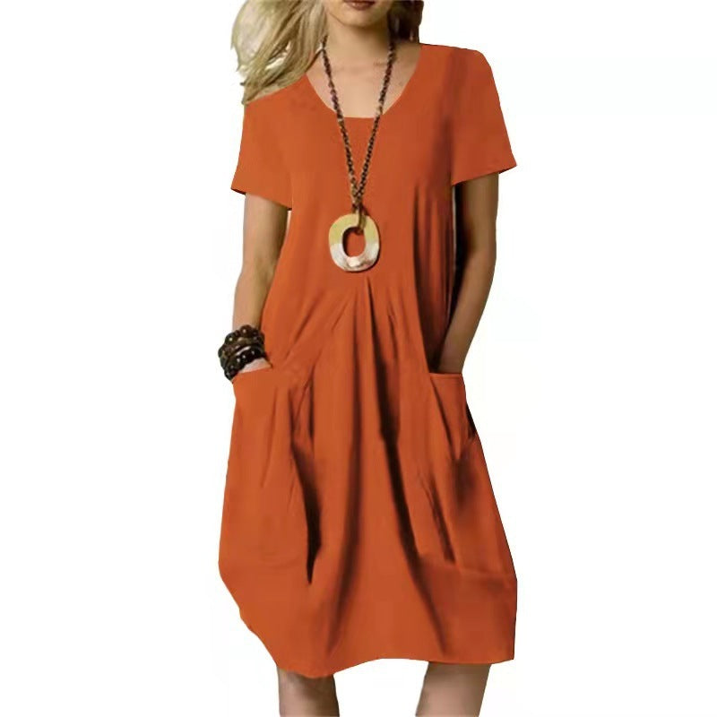 Cotton And Linen Solid Color Loose Round Neck Short Sleeve Dress Women's Garments Apparel / Clothing