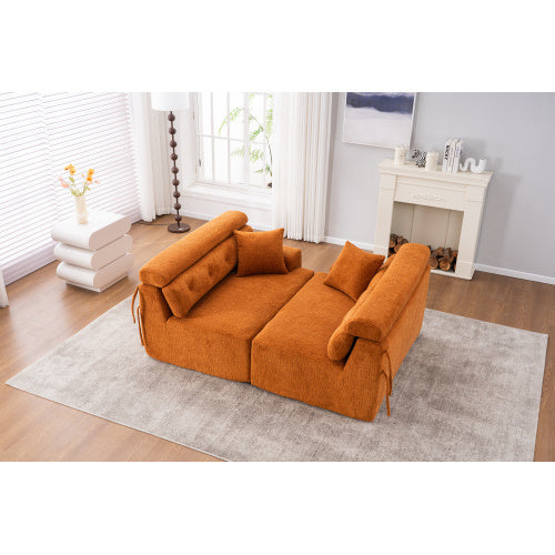 LY-029 ORANGE COMPRESSION SOFA 4-seater Combined Sofa, Wood Grain Chenille Fabric, Full Sponge Compression Sofa,combined Sofa With 2 Pillows For Living  Home Furniture  Apartment Furniture