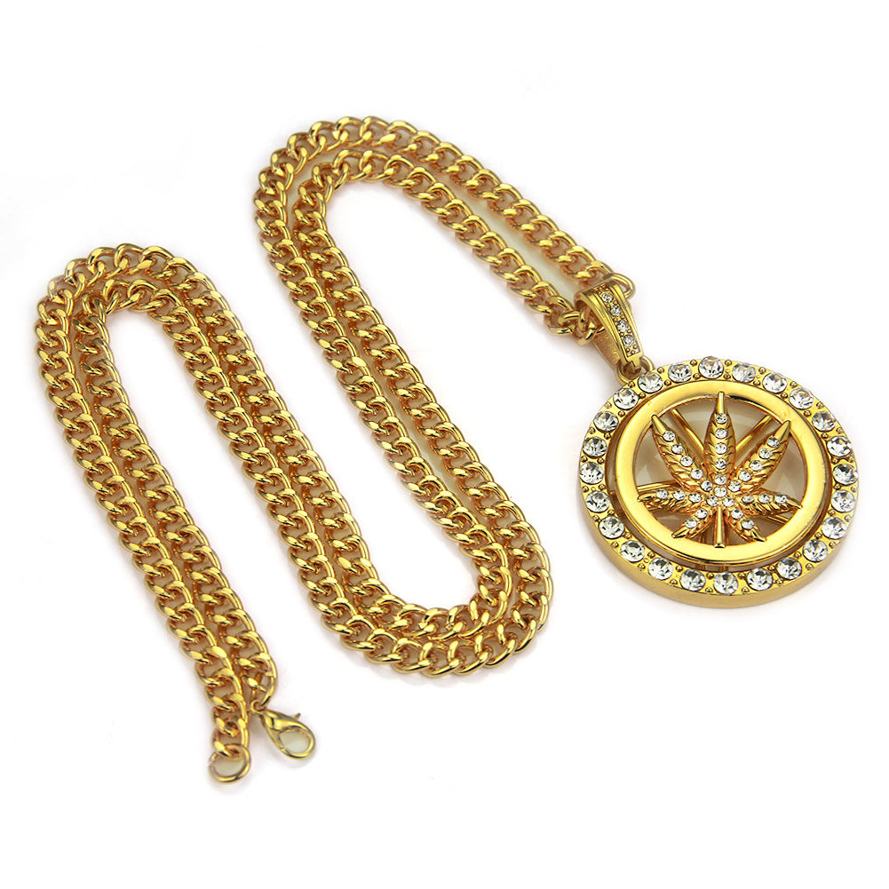 European Hip Hop Diamond Maple Leaf Turntable Necklace For Men Jewelry & Accessories