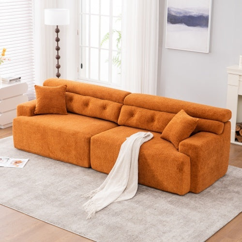 LY-029 ORANGE COMPRESSION SOFA 4-seater Combined Sofa, Wood Grain Chenille Fabric, Full Sponge Compression Sofa,combined Sofa With 2 Pillows For Living  Home Furniture  Apartment Furniture