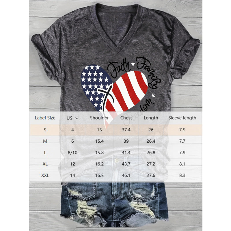 Women's V-Neck T-Shirt American Flag Heart Design Casual Short Sleeve Summer Top
