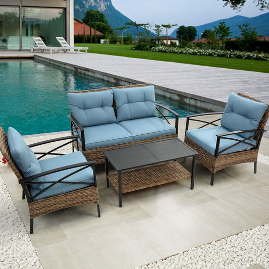 4-Piece Patio Sectional Low Sofa Set - KD Rattan Wicker Outdoor Garden Patio Furniture