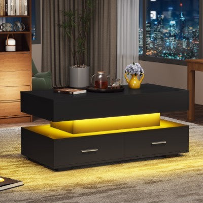 Hydraulic Lift Top Coffee Table, LED Coffee Tables With Storage For Living Room, Coffee Table With 2 Drawers & LED Light For Dining Reception Room, Black Furniture