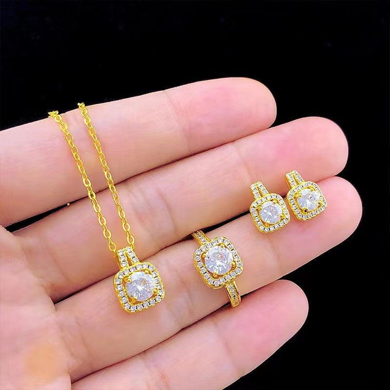 Fashion Jewelry Set Zircon Gem Pendant Chain Choker Necklace For Women Gold Color Stud Earring Statement Wedding Ring Jewelry / Accessories