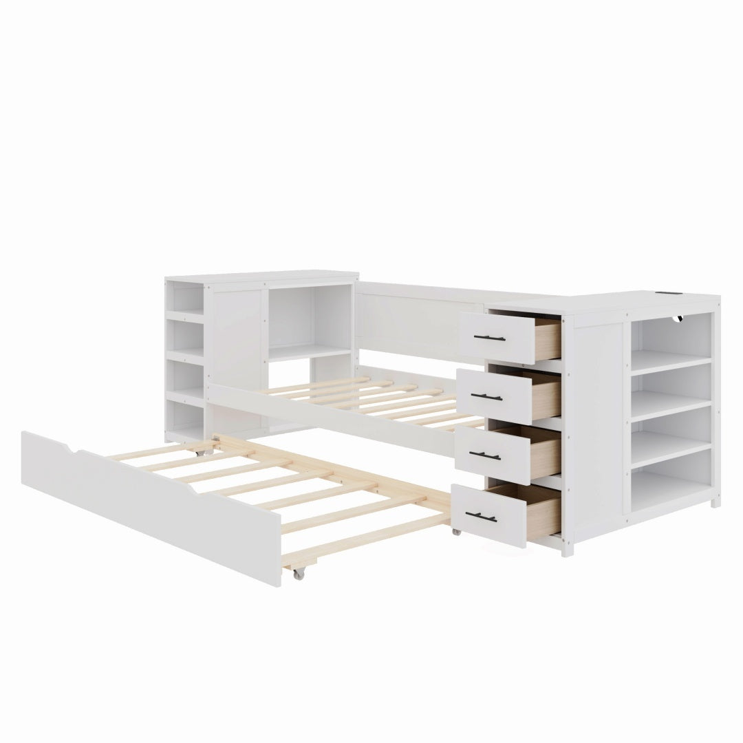 White Wooden Twin Size Daybed With Trundle And Side Shelves, Drawers, Storage Bed With Multi-Functional Desk And Charging Station For Bedroom, Guest Room Furniture
