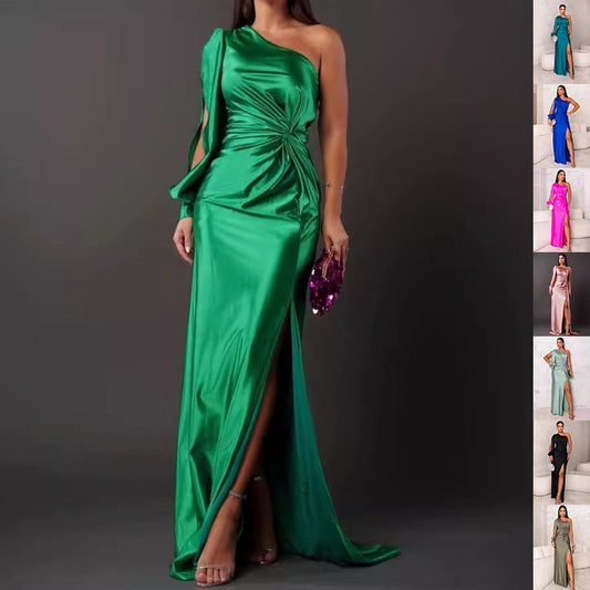 Women's One-shoulder Split Dress Ins Fashion Long-sleeved Slim Long Dresses Party Evening Women's Garments Apparel / Clothing