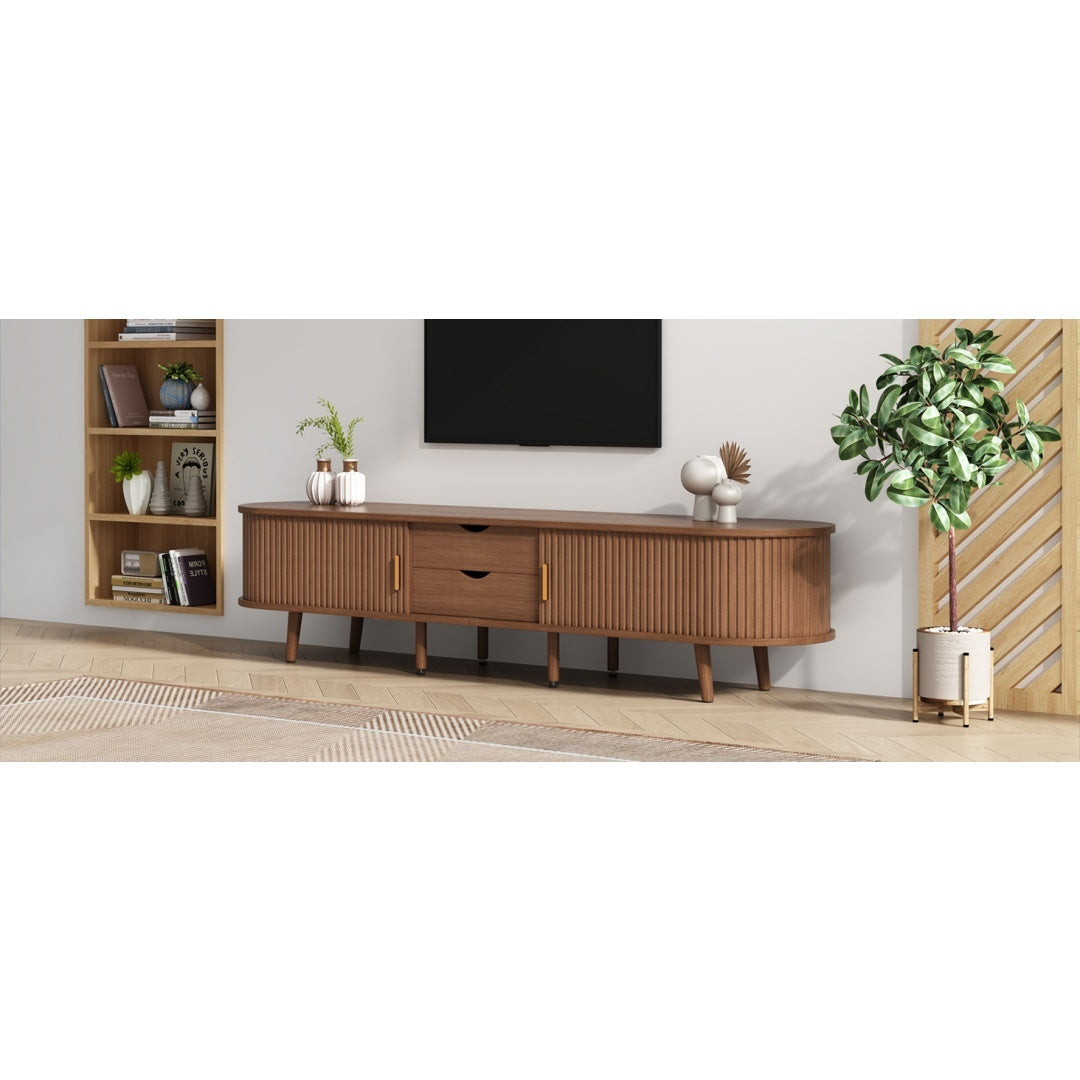 TV Stand With 2 Drawer 2 Sliding Doors 2  Tier Storage Shelf,Oval TV Cabinet Storage Sideboard With Rounded Corners For Livingroom Bedroom,175X40X42cm,Dark Oak,MDF,weight Capacity 30kg,for 70inch TV Furniture
