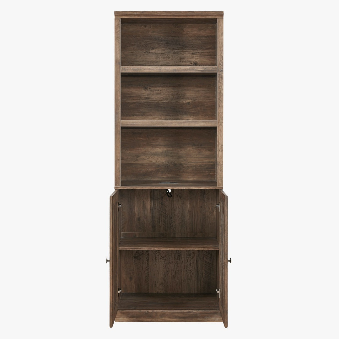 1 Doors Bookshelf With USB Port And 3 Open Shelves Bookcase Side Cabinet Storage Shelves, Rustic Brown Furniture