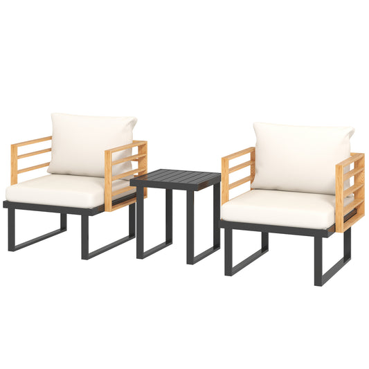 3 Piece Metal Bistro Set, Small Set With Cushions, Armchairs, Slatted Table For Backyard Balcony, Beige Outdoor Garden Patio Furniture