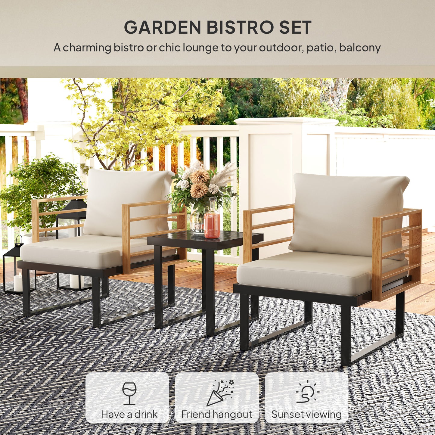 3 Piece Metal Bistro Set, Small Set With Cushions, Armchairs, Slatted Table For Backyard Balcony, Beige Outdoor Garden Patio Furniture