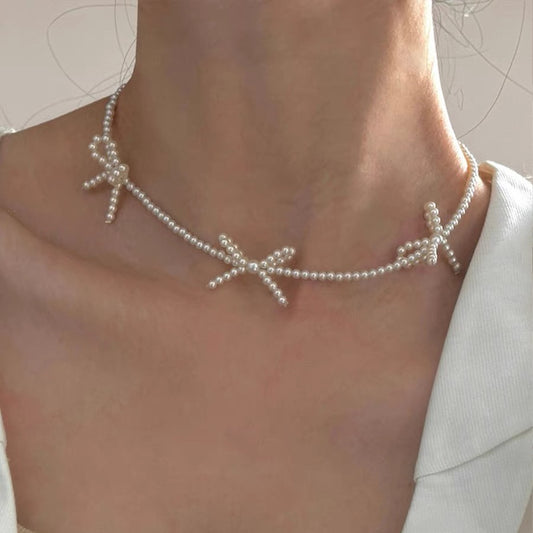 Sweet Bow Pearl Necklace Women's Simple Design Clavicle Chain Jewelry & Accessories