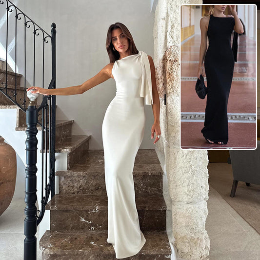 One-shoulder Ribbon Long Dress Ins Fashion Slim Sleeveless Dresses For Evening Party Club Women's Garments Apparel / Clothing