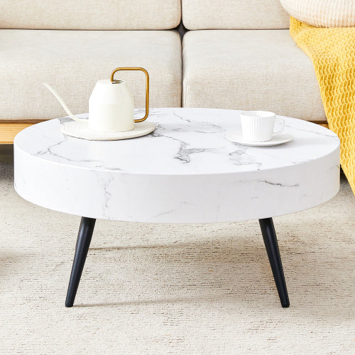 31.5 White Marble-Patterned MDF Round Coffee Table With Black Metal Legs.Adjustable Feet,Coffee Table,Round Table Design,MDF Material,White Marble Pattern Furniture