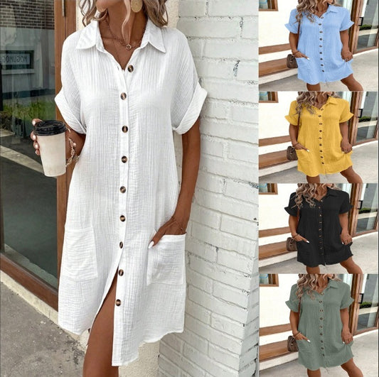 Summer Short Sleeve Shirt Dress Fashion Solid Color Single-breasted Mid-length Loose Dress Women's Garments Apparel / Clothing