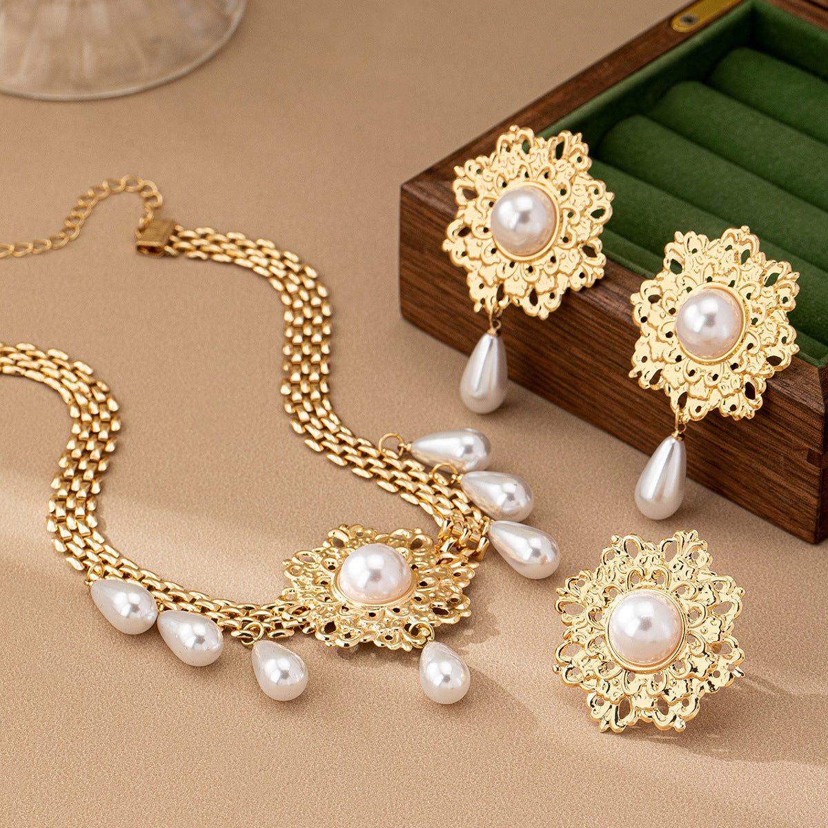 French Retro Hollow Flower Pearl Tassel Necklace Ear Stud Ring Jewelry & Accessories