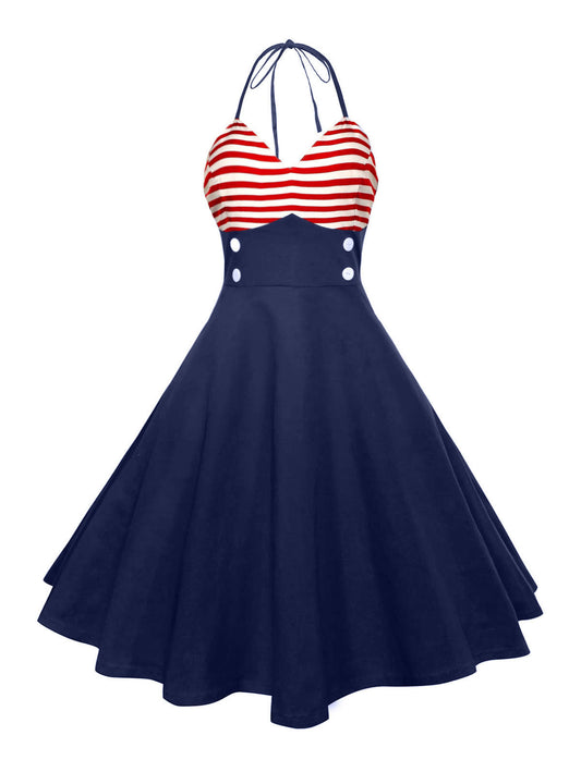 Striped Patchwork Neck Print Vintage Dress American Flag Print Apparel / Clothing