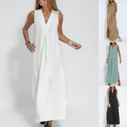 New Solid Color V-neck Sleeveless Dress Long Cardigan Jacket Suit For Women's Garments Apparel / Clothing