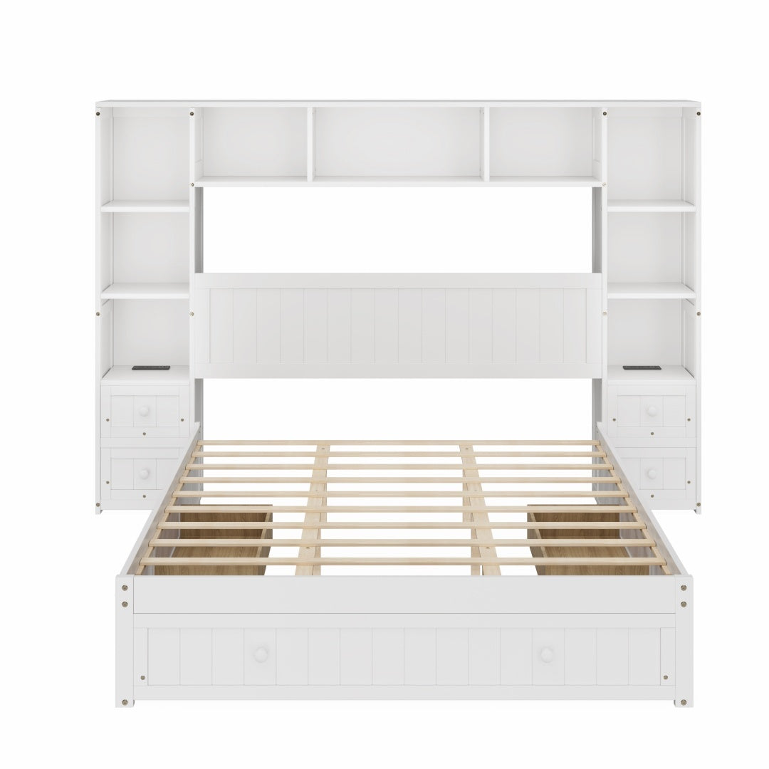 Queen Size Pine Wood Platform Bed With All-In-One 2 Nightstand, Storage Shelf And Cabinet Bookcase With 2 Charging Stations, Multi-Functional Captain Bed Frame With 3 Drawers, No Box Spring Needed Furniture