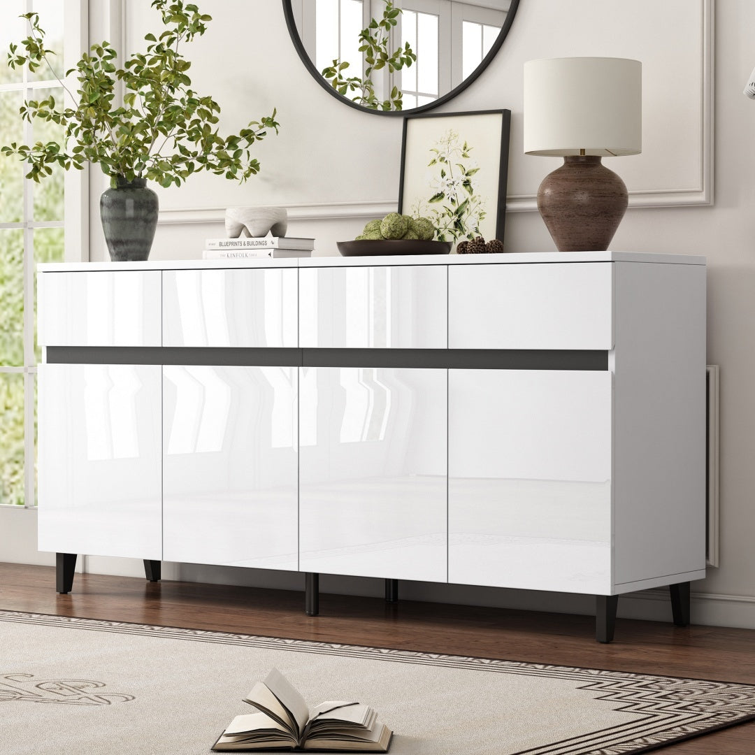 Storage Cabinet, Sideboard Buffet With 4 Drawers 4 Doors , Highboard Cabinet With Adjustable Shelves, Chest Of Drawers, Standing Cabinet, Cupboard Buffet For Living Room, Kitchen, 160X40X68cm, White Furniture