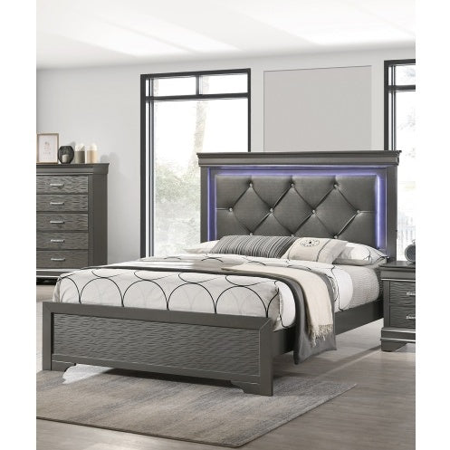 Dark Gray Faux Leather Tufted Headboard 1pc Queen Size Bed W LED Bedroom Furniture Gray Unique Texture FB Solid Wood Bedroom Furniture