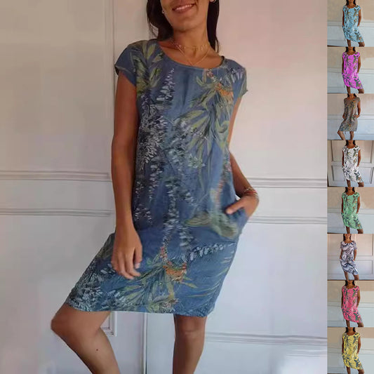 Flower And Leaf Printed Straight Dress Summer Loose Round Neck Short Sleeve Dresses Women's Garments Apparel / Clothing
