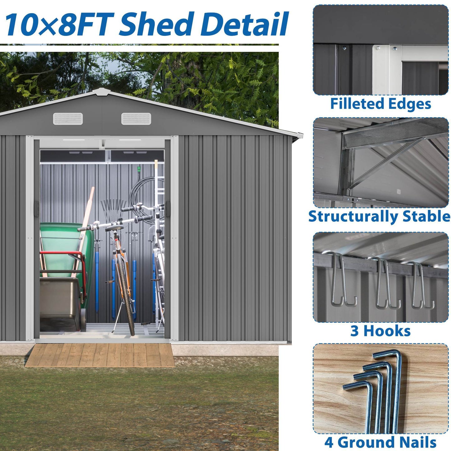 10X8 FT Outdoor Tool Storage Shed With Metal Foundation & Lockable Doors, All Weather Metal Sheds For Garden, Patio, Backyard, Lawn, Gray