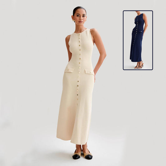 Elegant Knitted Sleeveless Dress With Single Breast Fashion Slim Round Neck Long Dresses Women's Garments Apparel / Clothing