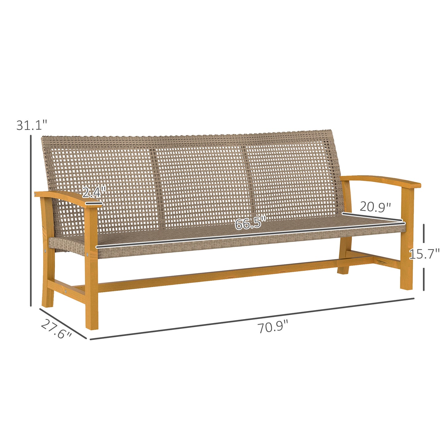 3-Seat Wicker Outdoor Couch Patio Sofa, Acacia Wood With Steel Seat Armrests, Capacity, Teak Outdoor Garden Patio Furniture