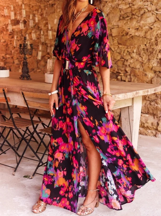 Women's Graceful And Fashionable Slimming Printed Cinched Mid-length Dress Women's Garments Apparel / Clothing