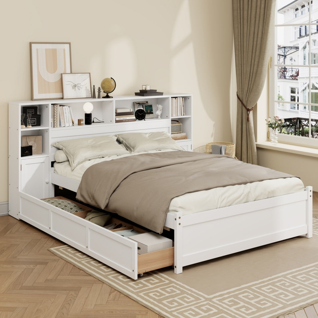 White Wooden Storage Bed With Tall Extended Bookcase Headboard, 6 Drawers And Charging Station For Teens Adults, No Box Spring Needed,Twin Furniture