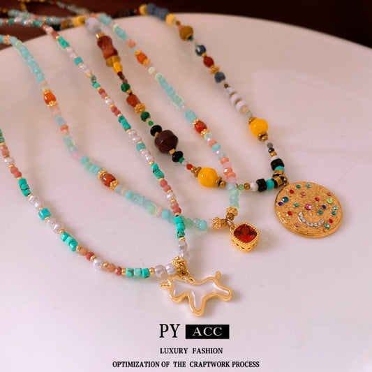 Colorful Stone Stringed Pearls Pendant Necklace All-match Necklace Clavicle Chain Jewelry & Accessories