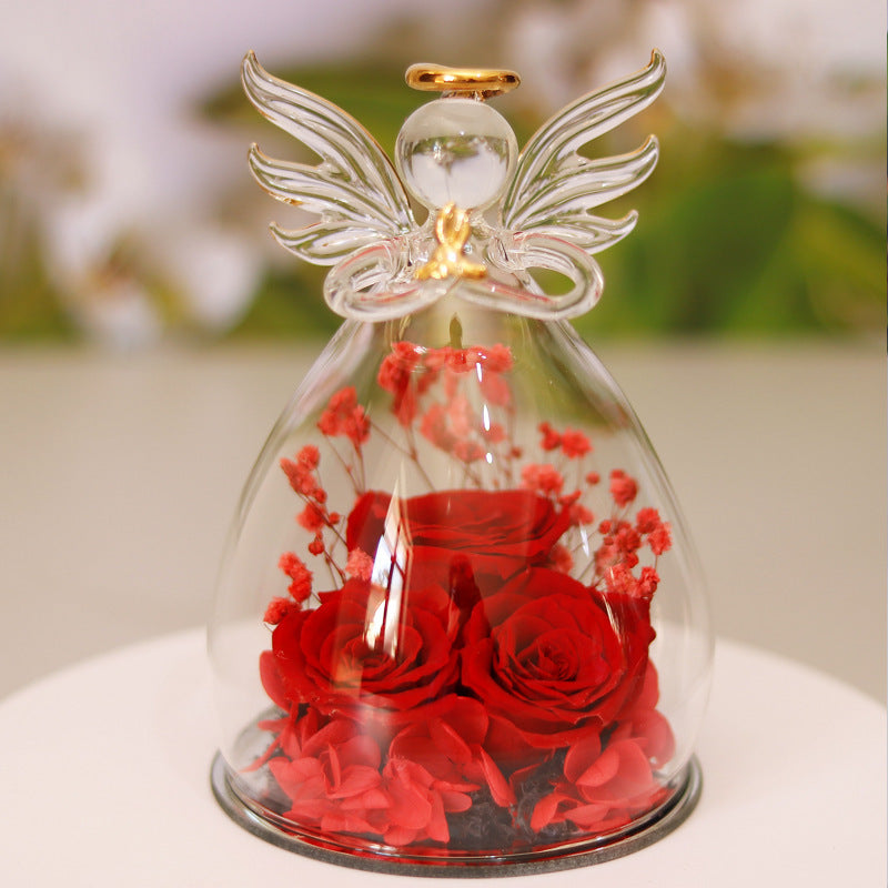 Eternal Flower Gift Box Angel Glass Cover Dried Rose Gift Box For Christmas New Year Valentine's Day Home Decor