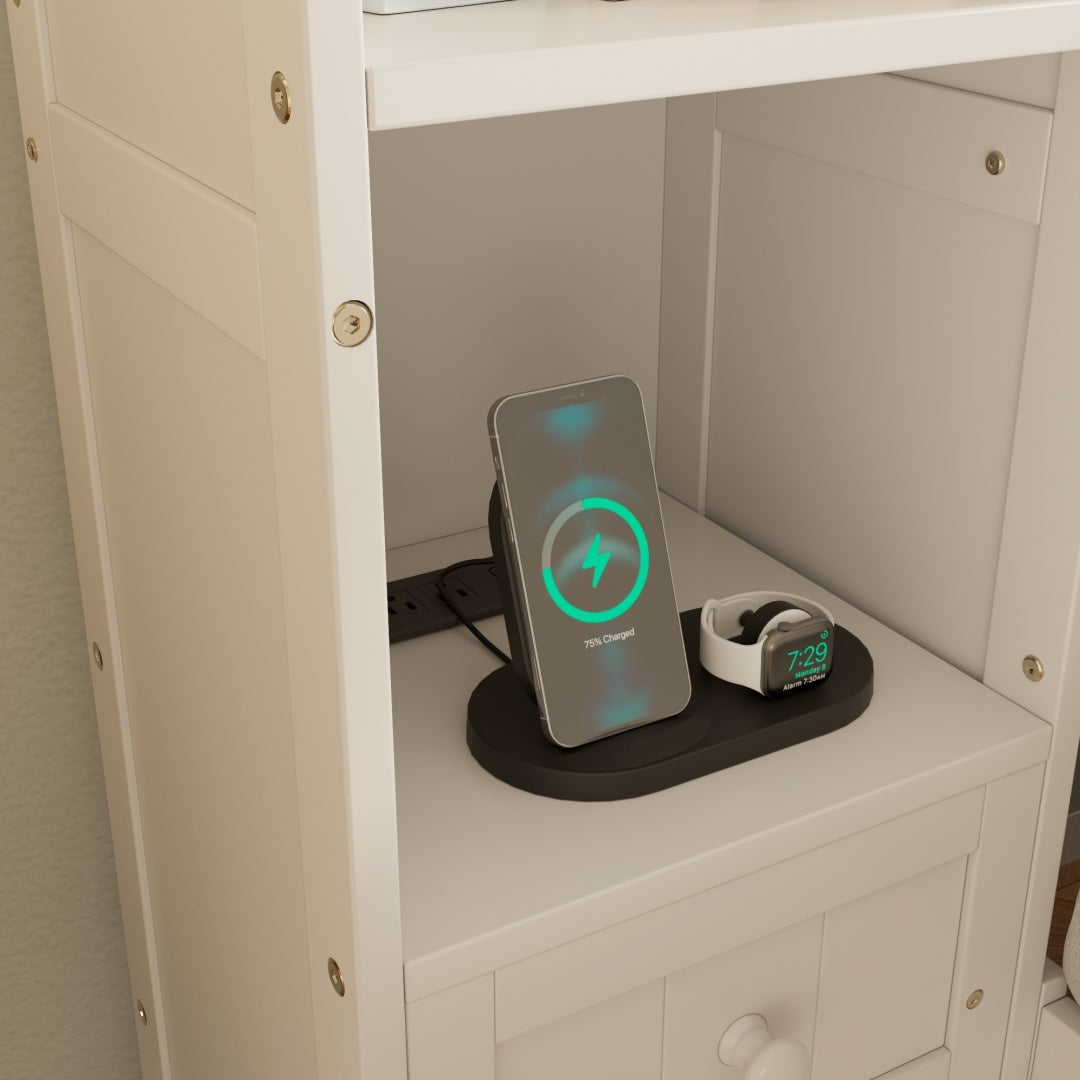 Queen Size Pine Wood Platform Bed With All-In-One 2 Nightstand, Storage Shelf And Cabinet Bookcase With 2 Charging Stations, Multi-Functional Captain Bed Frame With 3 Drawers, No Box Spring Needed Furniture