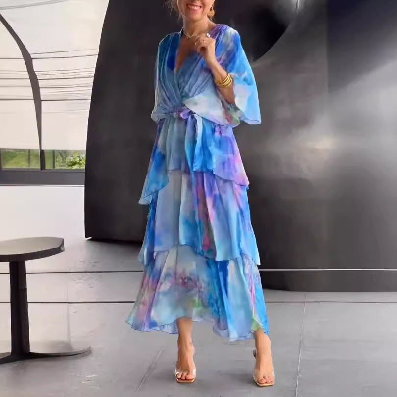 European And American Printing Layered Dress Women's Garments Apparel / Clothing